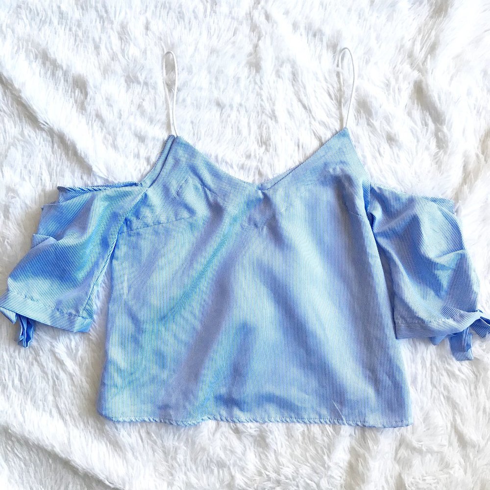 Open Shoulder Puffy Sleeve Blue Blouse